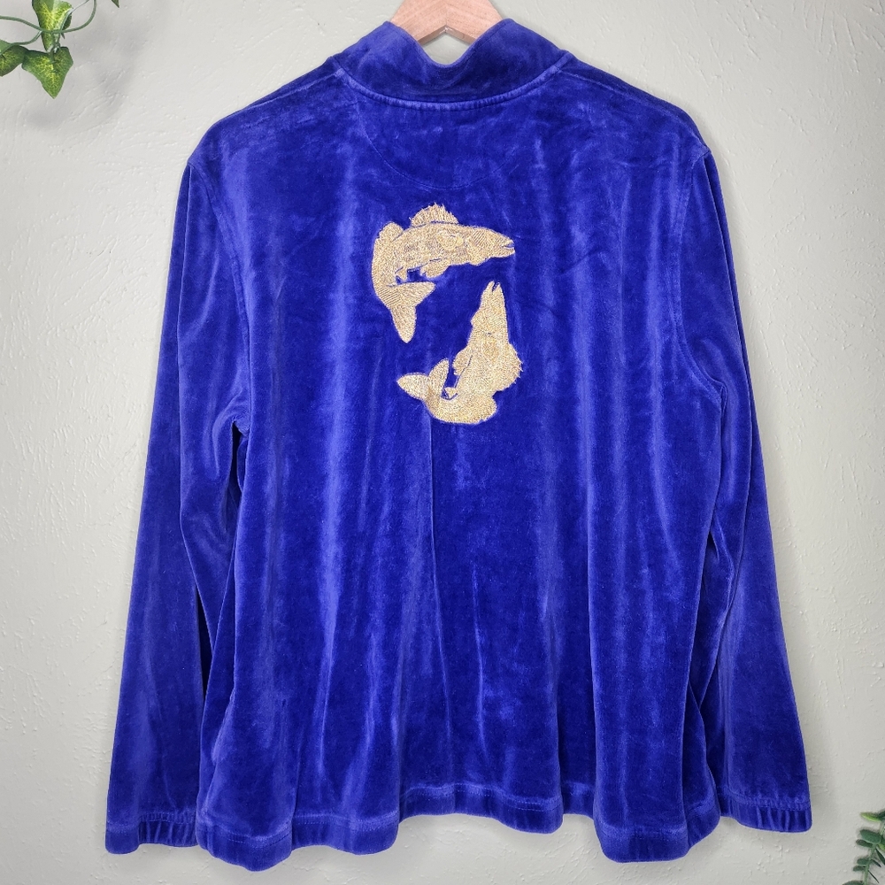 Vintage Y2K Velour Track Jacket XL Royal Blue Gold Embroidered Fish Streetwear